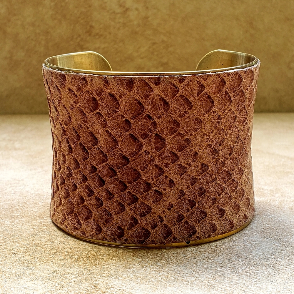 Handmade Embossed Leather Raw Brass Bracelet